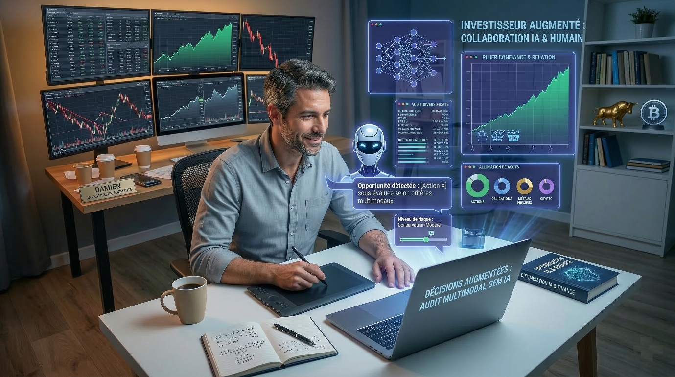 Un investisseur souriant à son bureau collaborant avec un assistant holographique d'Intelligence Artificielle qui affiche des graphiques boursiers et une allocation d'actifs, illustrant le concept de l'Investisseur Augmenté.