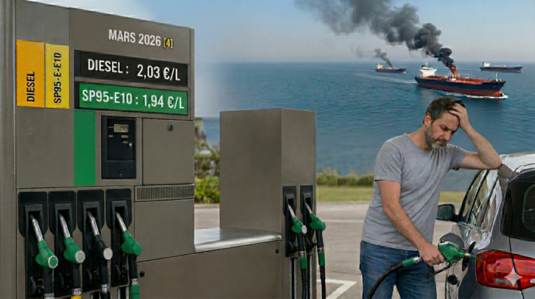 Automobiliste français accablé à la pompe face aux prix records de mars 2026 (Diesel à 2,03 €/L, SP95 à 1,94 €/L). En arrière-plan, des pétroliers en feu dans le détroit d'Ormuz illustrent l'excuse géopolitique servie par les médias pour masquer le poids réel de la fiscalité française.