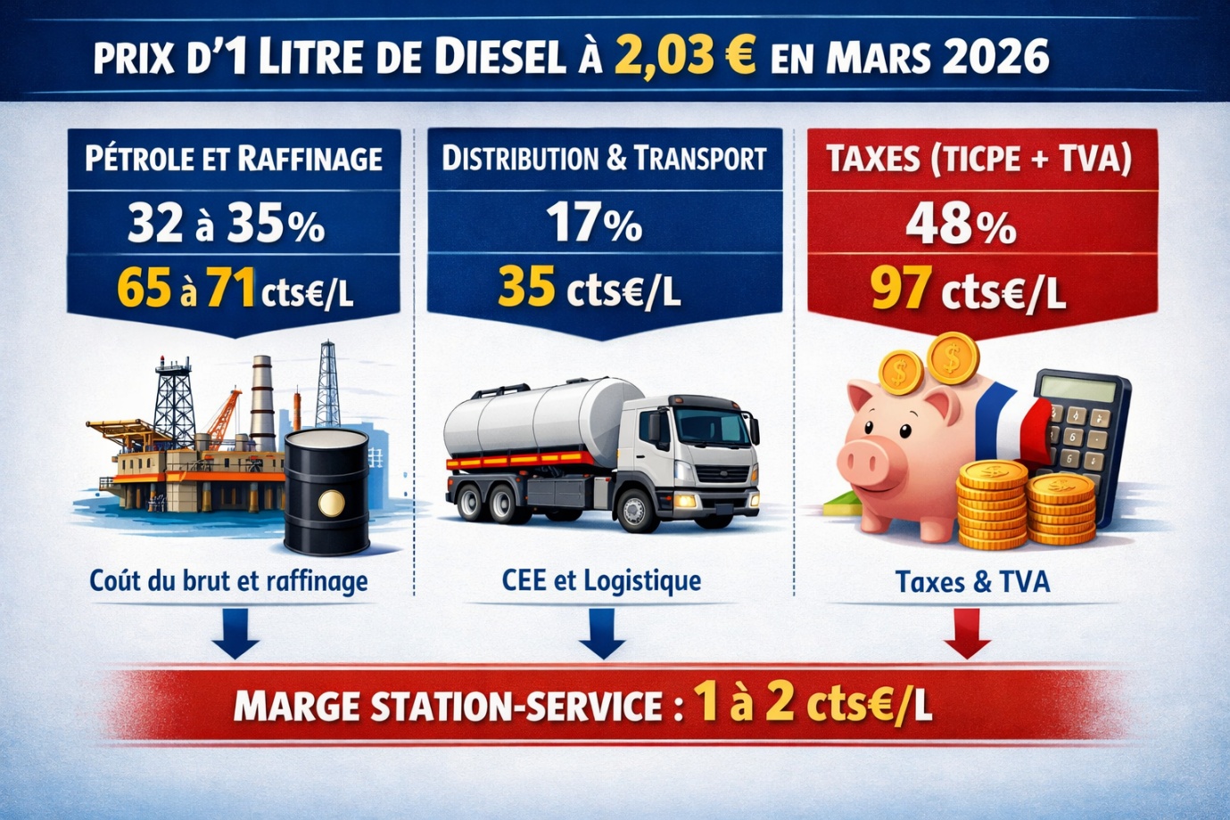 Infographie détaillant la décomposition du prix d'un litre de diesel à 2,03 € en France (mars 2026). Elle révèle que les taxes (TICPE et TVA) pèsent pour 48 % (97 cts) du prix final, contre seulement 32 à 35 % (65 à 71 cts) pour le pétrole brut et le raffinage, 17 % (35 cts) pour la distribution et le transport, et une marge dérisoire de 1 à 2 centimes pour la station-service.