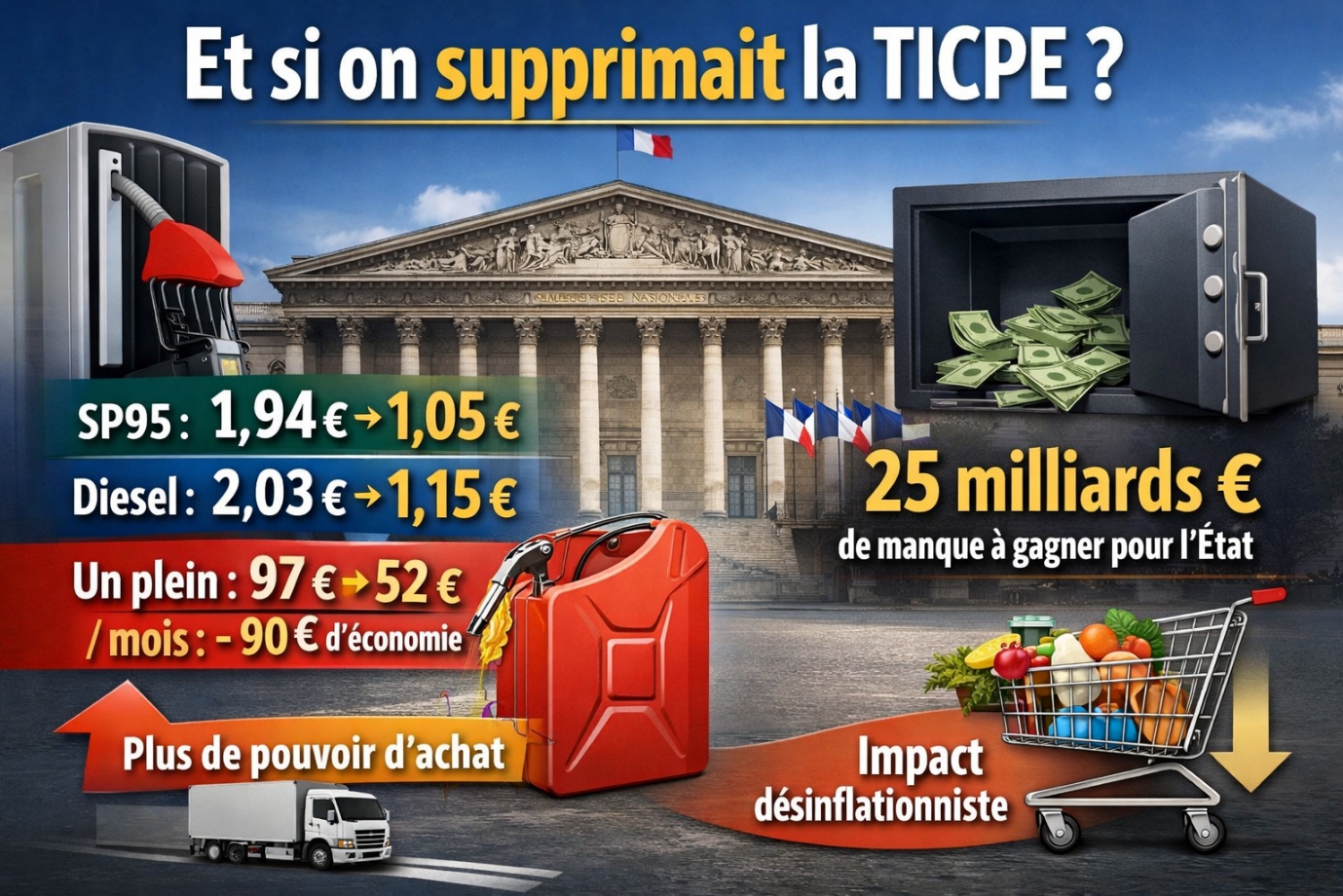 Infographie simulant les conséquences macroéconomiques d'une suppression de la TICPE en France. Elle met en balance le choc positif pour le pouvoir d'achat des ménages (chute du SP95 à 1,05 €/L, 90 € d'économie mensuelle, effet désinflationniste sur la logistique et l'alimentation) face au trou budgétaire de 25 milliards d'euros pour les caisses de l'État, symbolisé par un coffre-fort devant l'Assemblée nationale.