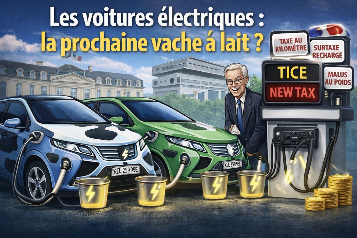 Illustration satirique montrant des voitures électriques traites comme des "vaches à lait" devant les ministères de l'État. Un politicien récolte des pièces d'or via une borne de recharge qui annonce les futures inventions du génie fiscal français pour compenser la disparition de la TICPE : création de la TICE, taxe au kilomètre, surtaxe de recharge et malus au poids.