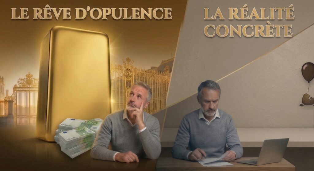 Le DCA sur ETF ne rend pas riche.
Montage divisé en deux parties. À gauche, un homme rêve devant un lingot d'or géant et des billets sous le titre "Le rêve d'opulence". À droite, le même homme semble déçu devant des papiers et un ordinateur sous le titre "La réalité concrète".
