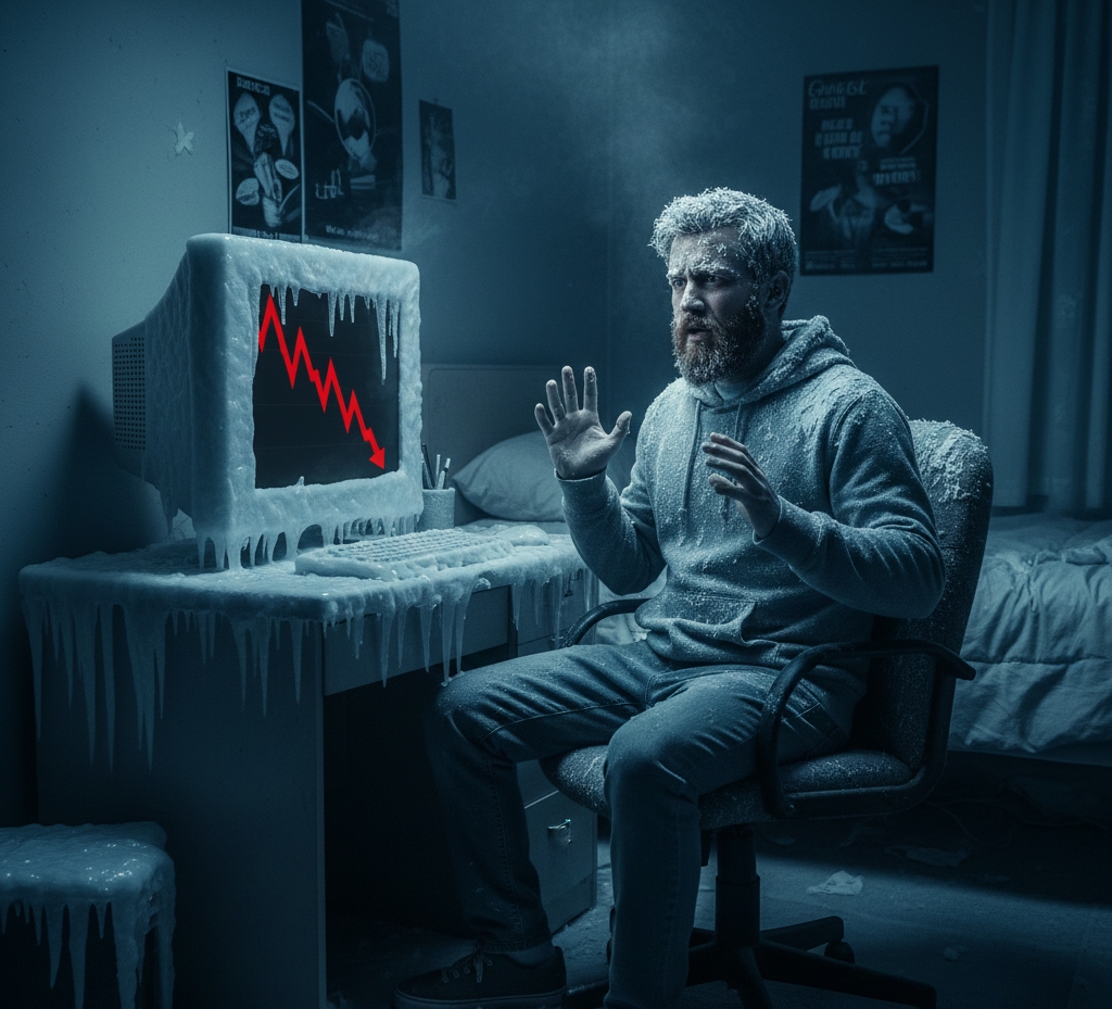 Un homme frigorifié, couvert de givre, recule avec effroi devant son ordinateur et son bureau littéralement gelés. Sur l'écran figé dans la glace, une grande courbe rouge en chute libre apparaît, illustrant le glacial « bear market » (hiver crypto) et le gel brutal des avoirs sur des plateformes comme FTX.