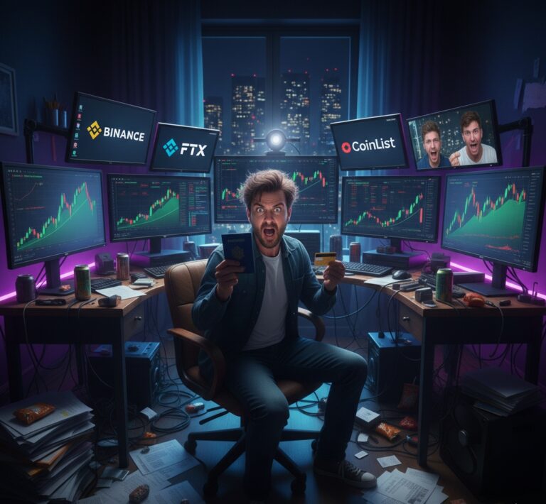 Un homme à l'expression exaltée tient une carte bancaire et un passeport au milieu d'un bureau sombre et chaotique. Il est entouré de nombreux écrans affichant des graphiques de trading, des influenceurs cryptos et les logos de Binance, FTX et CoinList, symbolisant la bulle des Altcoins.
