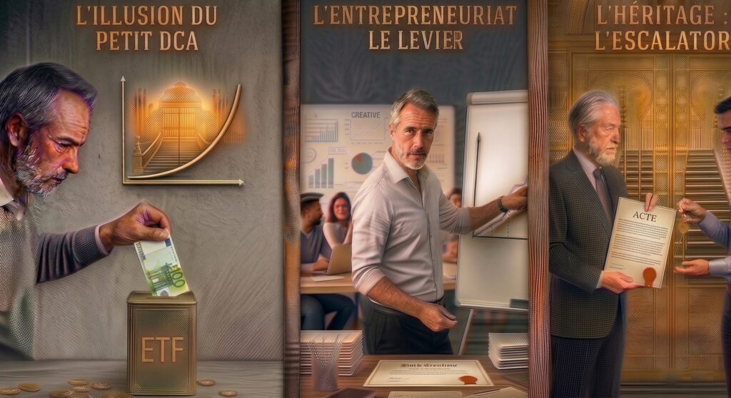 Triptyque comparant trois parcours financiers. À gauche, "L'illusion du petit DCA" avec un homme insérant un billet de 100 € dans une tirelire ETF devant un graphique idéalisé. Au centre, "L'entrepreneuriat le levier" montrant un entrepreneur confiant pointant un graphique de croissance dans un bureau. À droite, "L'héritage : l'escalator" illustrant un homme âgé transmettant un acte de propriété et des clés à un jeune homme devant des grilles dorées.