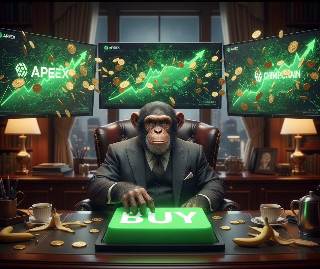 Un chimpanzé en costume cravate est assis dans un bureau luxueux et appuie au hasard sur un bouton géant « BUY ». En arrière-plan, des écrans affichent des graphiques de cryptomonnaies fictives (« APEEX », « CHIMPCHAIN ») en pleine explosion parabolique, crachant des pièces d'or. Des peaux de banane jonchent le bureau. Cette scène ironique illustre le « syndrome du "Génie incompris" » : dans un marché euphorique où n'importe quel actif s'envole , il est facile de confondre la chance avec le talent et de se croire génial.