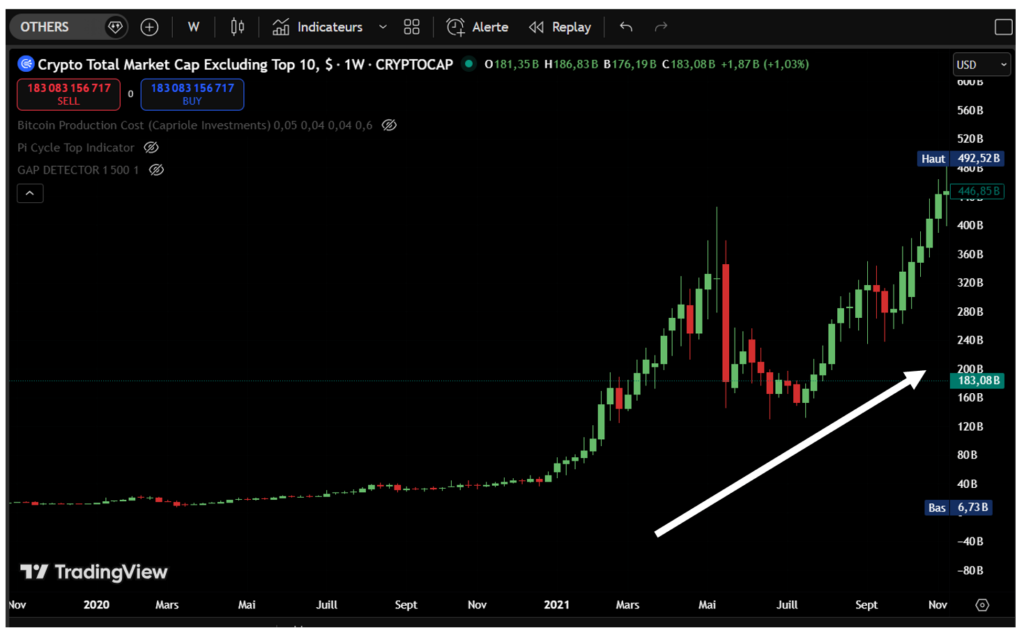 Graphique boursier du tracker OTHERS illustrant l'évolution de la capitalisation totale des altcoins (hors Bitcoin et Ethereum). Une grande flèche blanche met en évidence la hausse parabolique et vertigineuse du marché entre mars 2020 et novembre 2021, période durant laquelle cette capitalisation a été multipliée par 40.