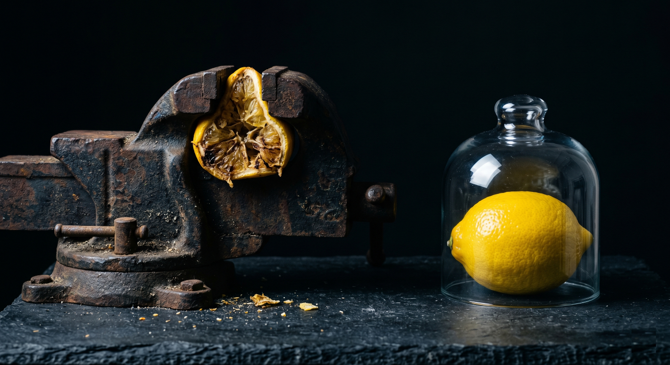 Photographie macro sur une table en ardoise noire montrant un citron jaune écrasé et totalement desséché dans un étau industriel en fonte rouillée, contrastant avec un second citron frais et brillant protégé sous un dôme en verre transparent. Éclairage dramatique froid sur fond noir.