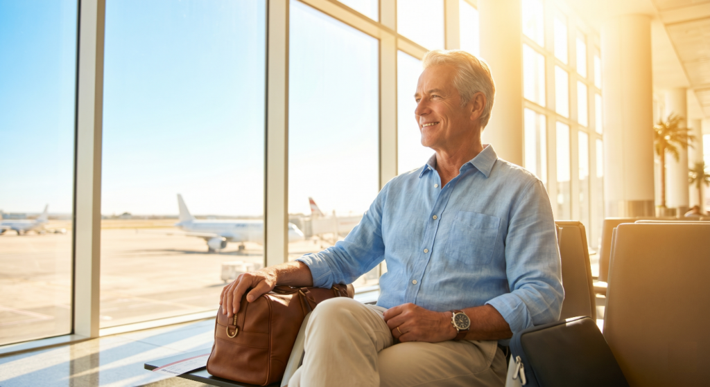 Un homme d'âge mûr souriant, aux cheveux gris et vêtu d'une chemise bleue, est assis dans un terminal d'aéroport baigné de lumière. Il regarde sereinement par la grande baie vitrée, avec un sac de voyage en cuir marron posé sur ses genoux, prêt pour l'embarquement.