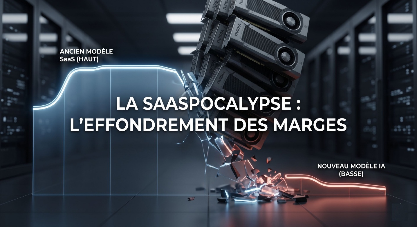 Illustration dans un data center représentant l’effondrement des marges SaaS : une courbe lumineuse bleue élevée, intitulée “ancien modèle SaaS”, chute brutalement après l’impact de cartes graphiques NVIDIA, puis devient une courbe rouge plus basse intitulée “nouveau modèle IA”.