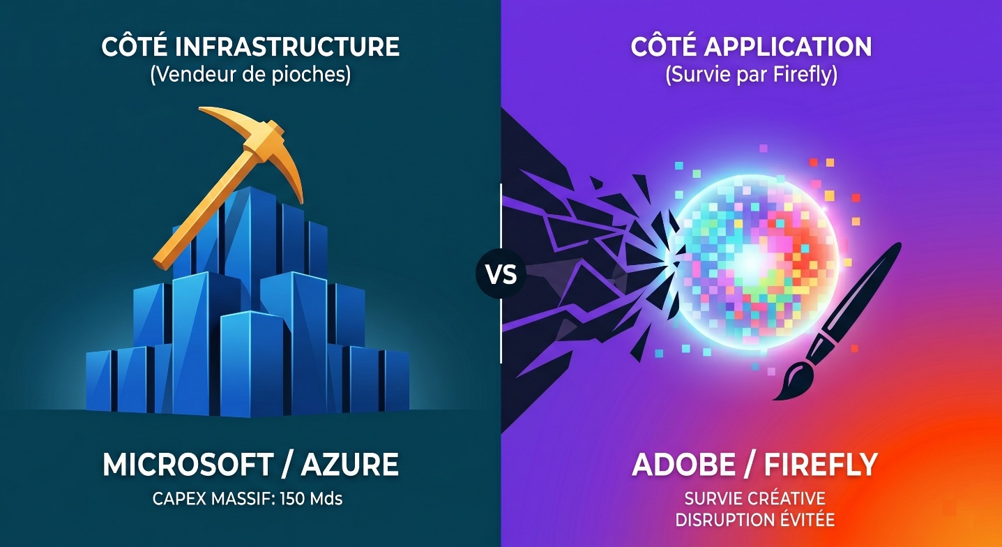 Illustration comparative entre Microsoft Azure et Adobe Firefly : à gauche, Microsoft représente l’infrastructure IA avec des blocs bleus et une pioche ; à droite, Adobe représente l’application créative avec une sphère lumineuse, un pinceau et un effet de disruption évitée.