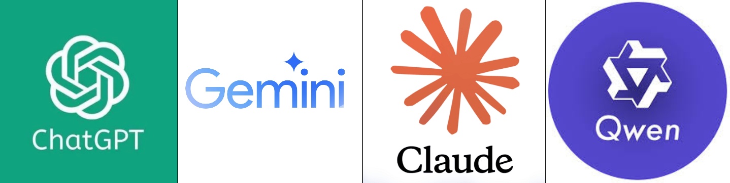 Illustration regroupant les logos de ChatGPT, Gemini, Claude et Qwen, utilisés pour comparer quatre analyses d’intelligence artificielle sur l’action Adobe.