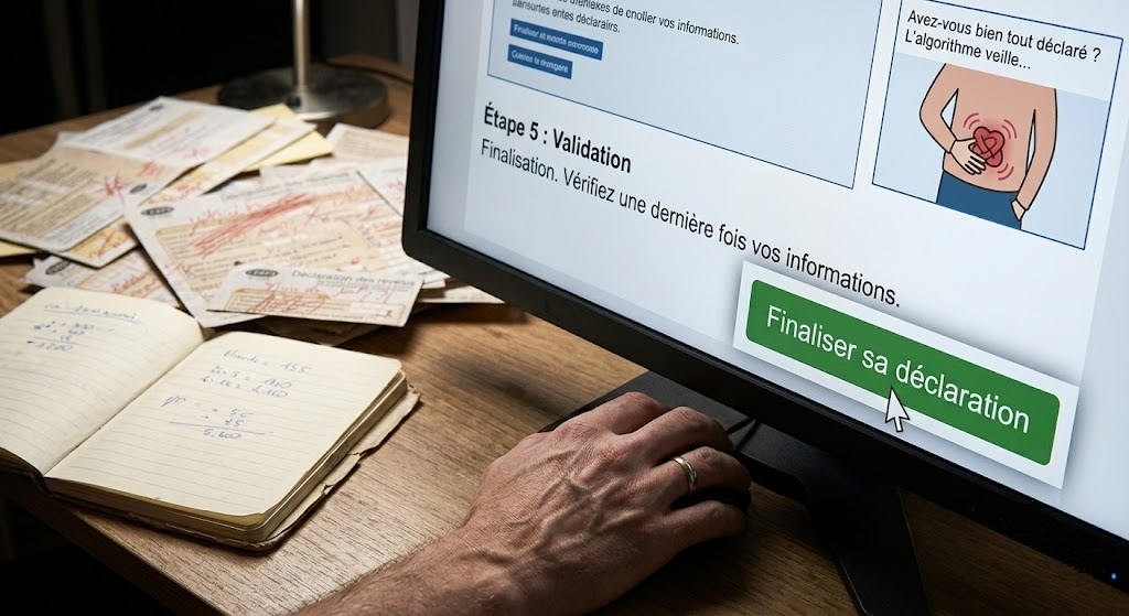Gros plan d'une main sur une souris d'ordinateur, s'apprêtant à cliquer sur le bouton vert "Finaliser sa déclaration" à l'écran. L'interface affiche une étape de validation et une illustration humoristique sur le stress de la déclaration. En arrière-plan flou, un bureau encombré de formulaires fiscaux CERFA raturés et d'un carnet de notes ouvert.