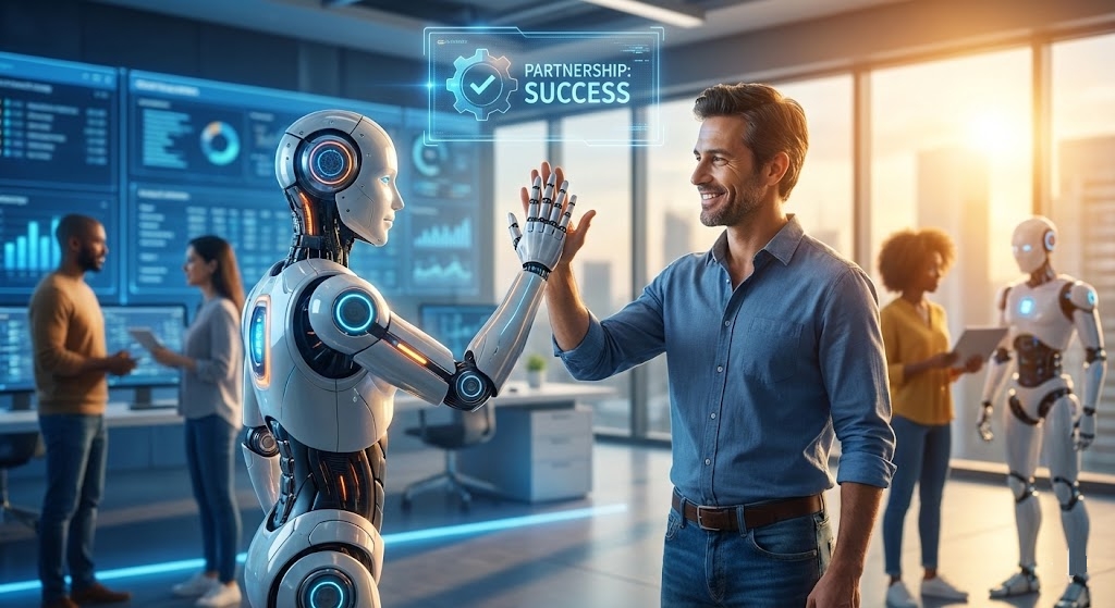 Investisseur souriant et robot IA se tapant dans la main dans une salle de marché, surmontés d'un hologramme indiquant "Partnership Success".