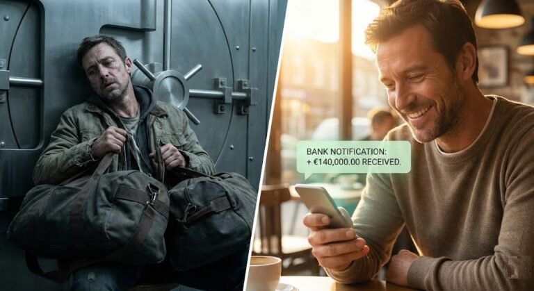 Homme épuisé transportant de lourds sacs d'argent métal devant un coffre-fort comparé à un investisseur souriant qui reçoit une notification de virement de 140 000 euros sur son smartphone.