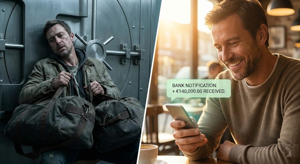 Homme épuisé transportant de lourds sacs d'argent métal devant un coffre-fort comparé à un investisseur souriant qui reçoit une notification de virement de 140 000 euros sur son smartphone.