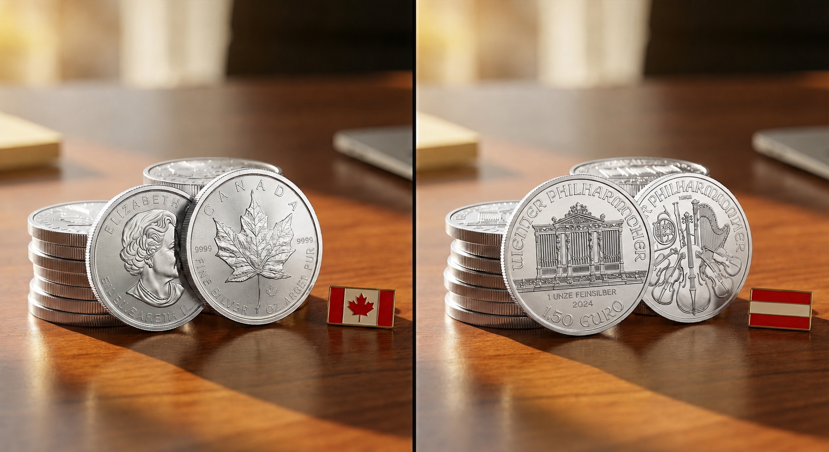 Pièces d'argent d'une once posées sur un bureau, illustrant des Maple Leaf canadiennes à gauche et des Philharmonique autrichiennes à droite.
