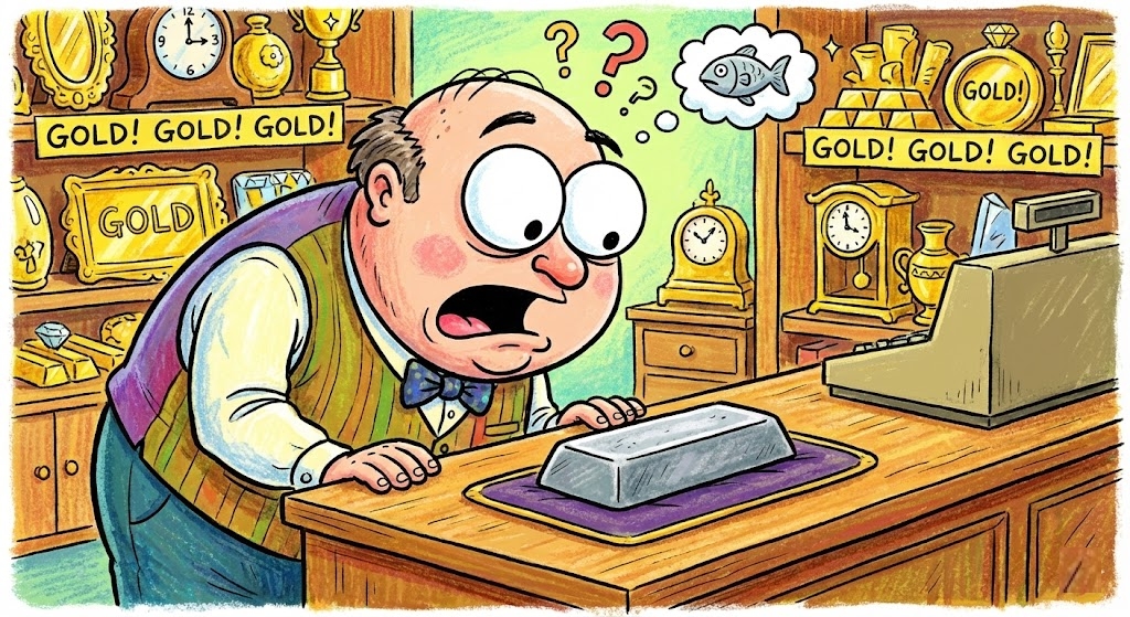 Caricature d'un commerçant d'une boutique d'achat d'or, effaré et les yeux écarquillés, fixant un gros lingot d'argent sur son comptoir avec une bulle de pensée illustrant un poisson.