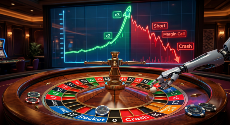 Une roulette de casino modifiée où les numéros sont remplacés par des labels financiers : Gains x2, Gains x3, Rocket, et des pertes extrêmes : Crash, Short, Margin Call. Un bras robotique place la bille sous un écran géant affichant un graphique boursier binaire, illustrant l'illusion du gain facile avec les ETF à effet de levier.