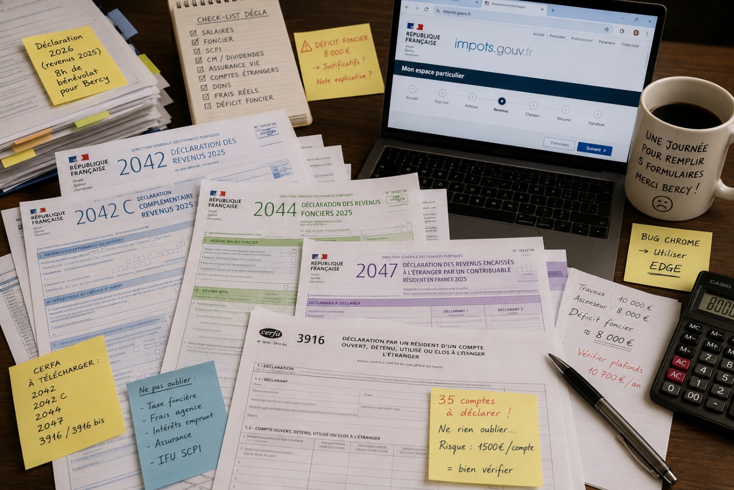 Déclaration d’impôt 2026 en France avec formulaires CERFA, comptes étrangers, déficit foncier et saisie en ligne sur impots.gouv.fr.