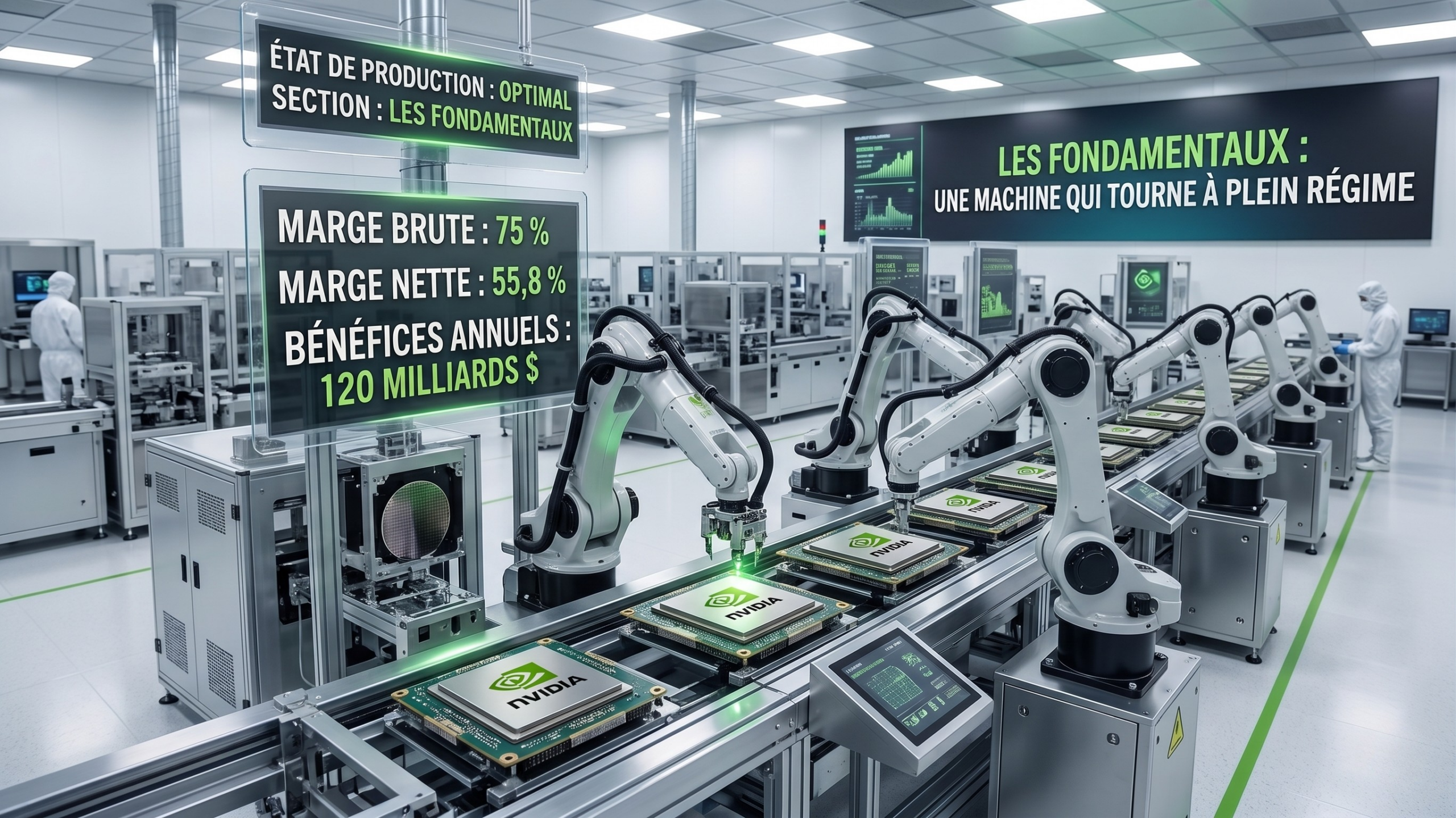 Illustration 3D d'une usine de semi-conducteurs high-tech. Des bras robotisés assemblent des processeurs NVIDIA tandis que des panneaux holographiques affichent les performances de l'entreprise : 75 % de marge brute, 55,8 % de marge nette et 120 milliards de dollars de bénéfices annuels.