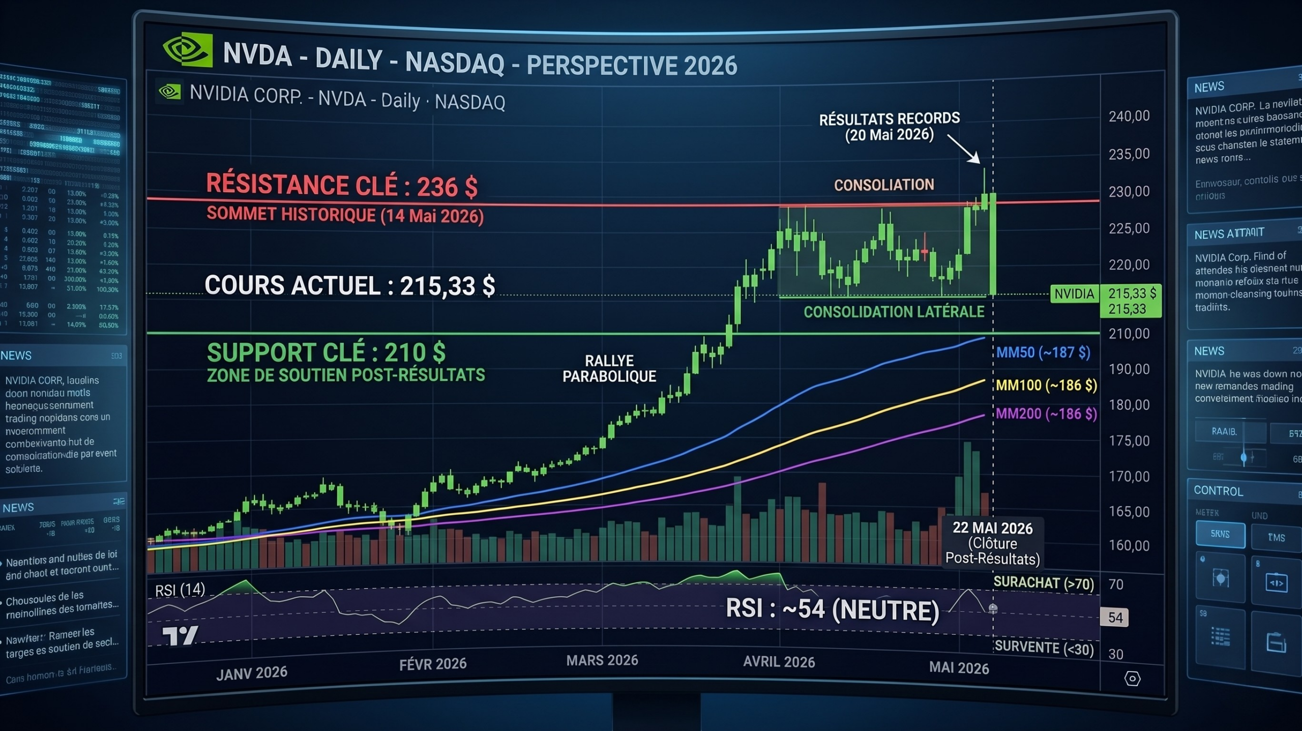 Écran de trading stylisé affichant l'analyse graphique de l'action NVIDIA à la clôture post-résultats du 22 mai 2026. Le graphique en chandeliers japonais illustre le précédent rallye suivi de la phase de consolidation actuelle. Les niveaux clés sont mis en évidence : un cours à 215,33 $, la zone de support tenue à 210 $, et le sommet historique formant une résistance clé à 236 $.