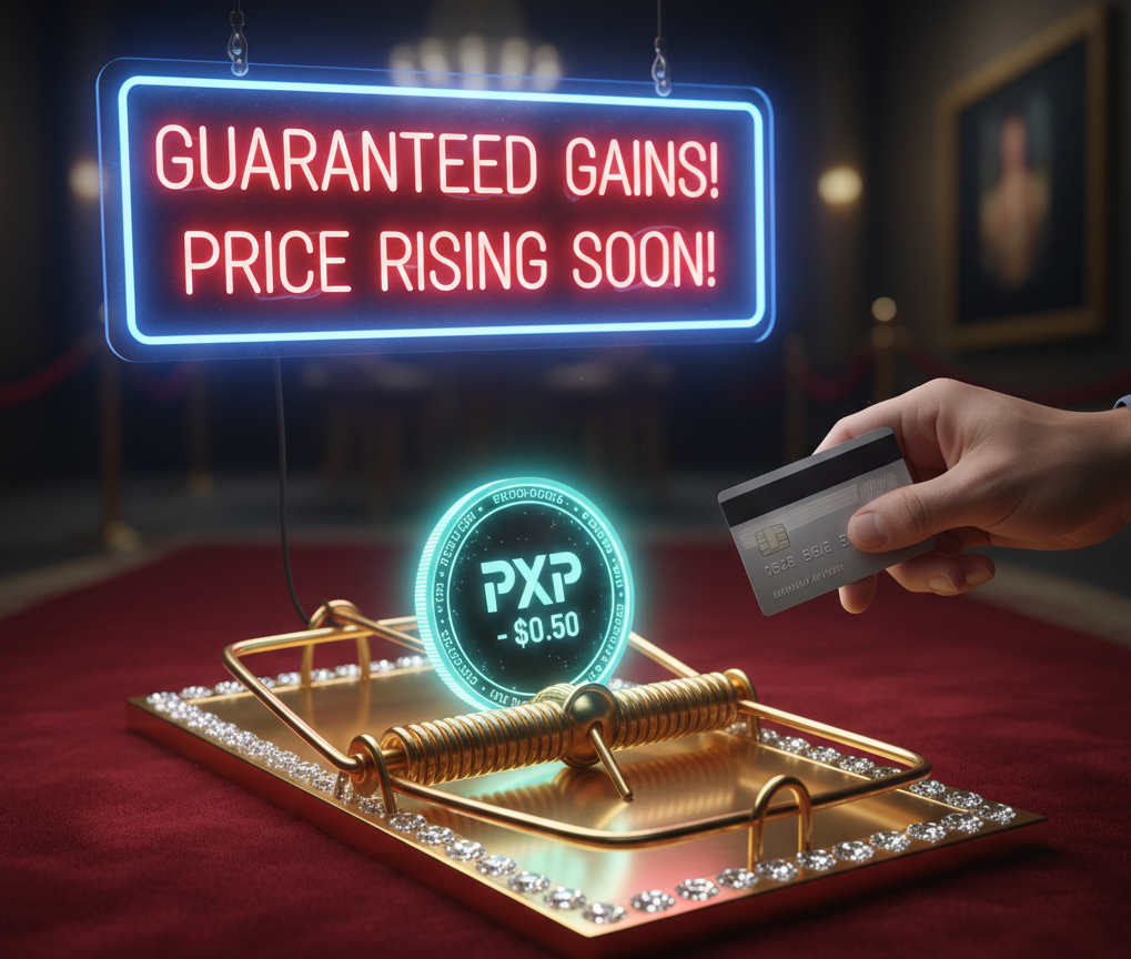 Une main avec une carte bancaire s'approchant d'un jeton PXP posé sur un piège à souris doré, sous un néon de fausses promesses, illustrant l'arnaque d'une ICO crypto.