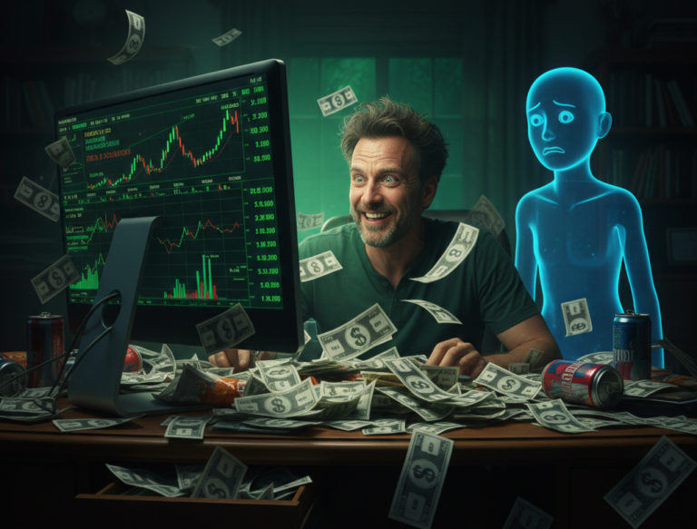 Un homme euphorique faisant du trading la nuit entouré de billets, avec un avatar d'IA bleu inquiet à ses côtés, illustrant la folie d'une ICO crypto.