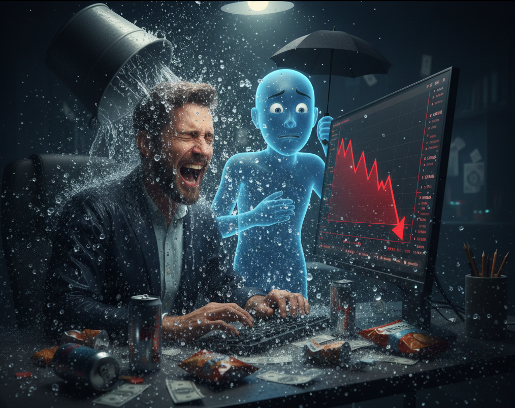 Texte alternatif (Alt Text) : Un investisseur reçoit un seau d'eau sur la tête devant un graphique rouge en chute libre, assisté par un avatar IA avec un parapluie, illustrant le krach d'une ICO crypto.