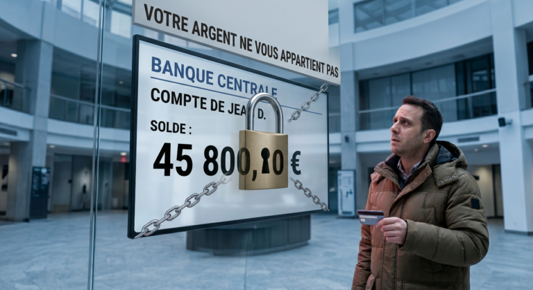 Un homme inquiet tenant une carte bancaire regarde un écran géant affichant un compte verrouillé par des chaînes et un cadenas, illustrant concrètement pourquoi votre argent ne vous appartient pas.