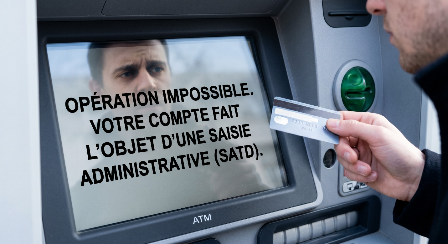 Gros plan d'un homme tenant sa carte bancaire devant un distributeur automatique. L'écran reflète son visage inquiet et affiche le message d'erreur suivant : "OPÉRATION IMPOSSIBLE. VOTRE COMPTE FAIT L'OBJET D'UNE SAISIE ADMINISTRATIVE (SATD)."