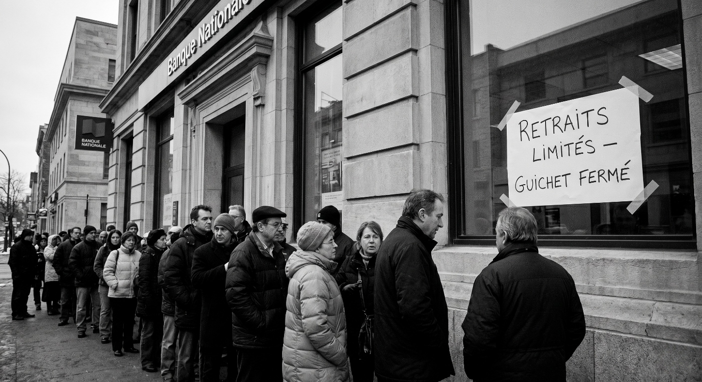 Photographie en noir et blanc montrant une longue file d'attente de personnes inquiètes patientant devant un bâtiment bancaire. Sur la vitrine de la banque est placardée une affiche manuscrite indiquant : "RETRAITS LIMITÉS - GUICHET FERMÉ".