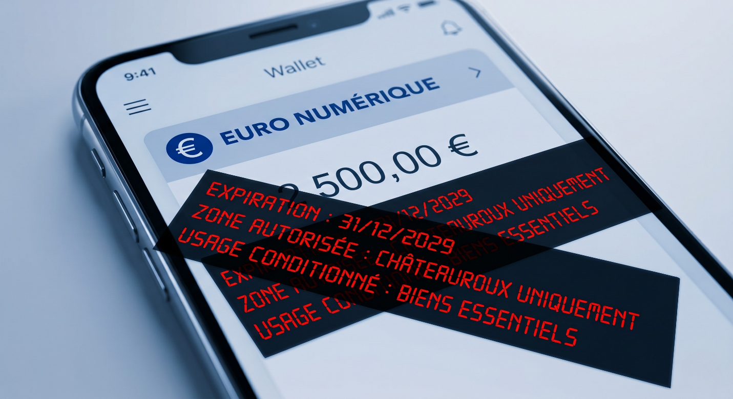 Écran de smartphone affichant une application de portefeuille virtuel avec un solde en « Euro numérique ». L'écran est barré par des bandeaux noirs contenant des avertissements en rouge vif indiquant les restrictions de cette monnaie programmable : « EXPIRATION : 31/12/2029 », « ZONE AUTORISÉE : CHÂTEAUROUX UNIQUEMENT » et « USAGE CONDITIONNÉ : BIENS ESSENTIELS ».
