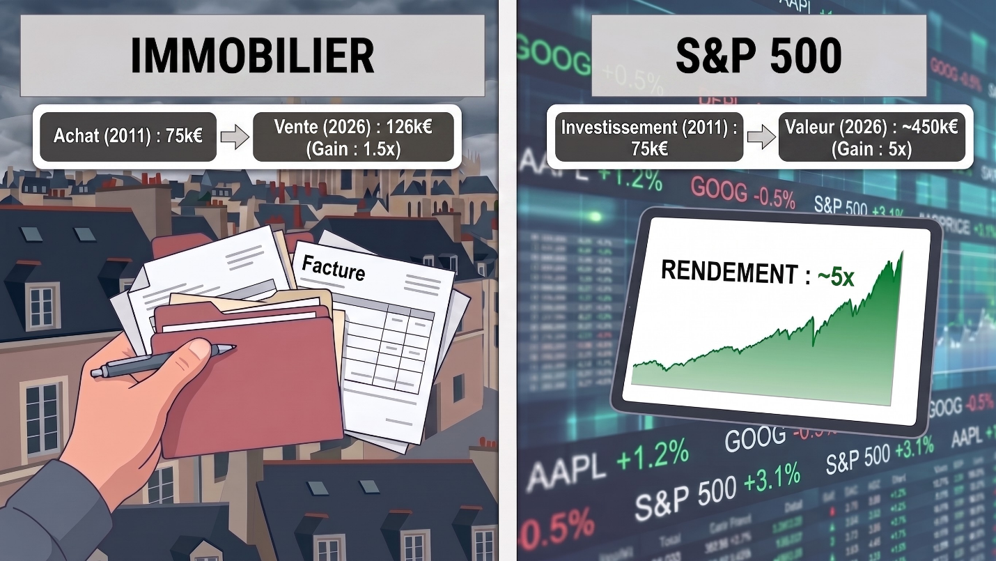 Comparaison entre un investissement immobilier acheté 75 000 € en 2011 et revendu 126 000 € en 2026, et un placement équivalent dans le S&P 500 estimé à environ 450 000 €.