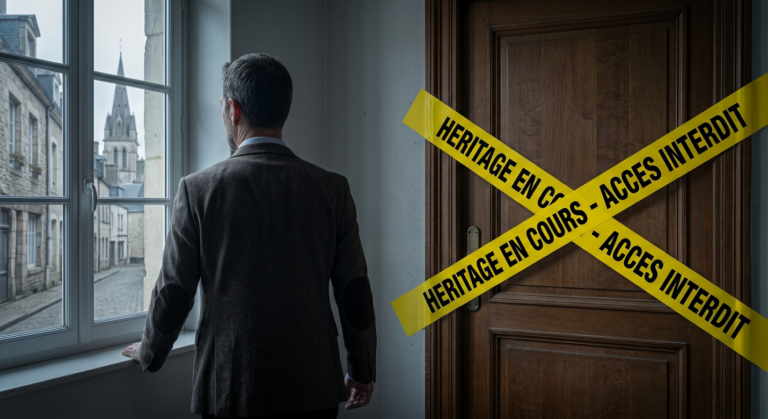 Un investisseur de dos devant la porte de son appartement condamnée par un scellé jaune suite au décès du locataire.