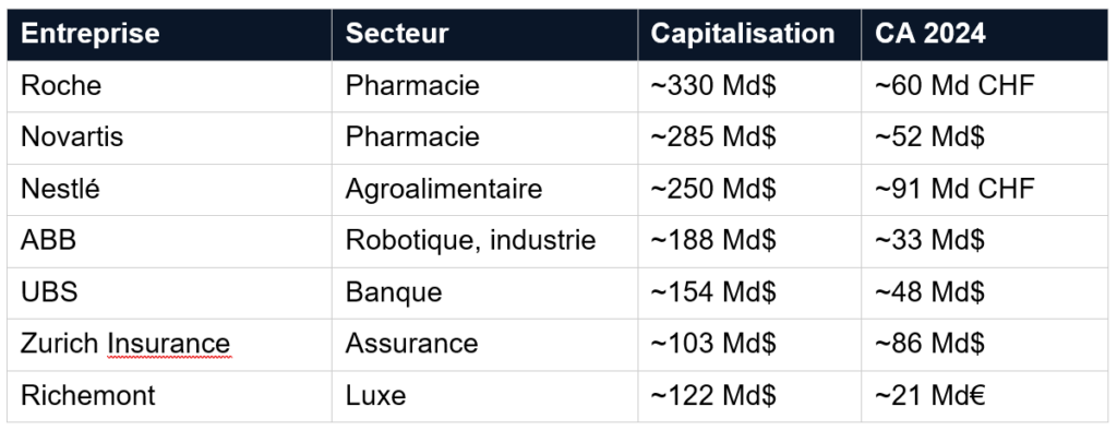 Tableau listant les principales multinationales suisses (Roche, Novartis, Nestlé, ABB, UBS, Zurich Insurance et Richemont), en précisant pour chacune son secteur d'activité, sa capitalisation boursière et son chiffre d'affaires estimé pour 2024.