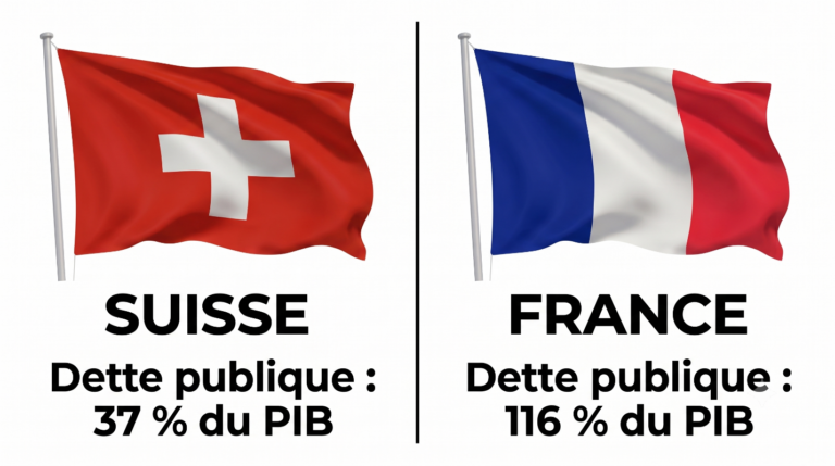 Infographie comparative montrant le drapeau suisse et sa faible dette publique de 37 % du PIB, un résultat souvent attribué à la "règle d'or suisse", face au drapeau français et sa dette publique de 116 % du PIB.