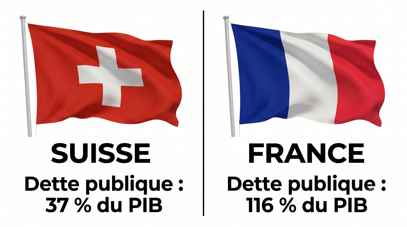 Infographie comparative montrant le drapeau suisse et sa faible dette publique de 37 % du PIB, un résultat souvent attribué à la "règle d'or suisse", face au drapeau français et sa dette publique de 116 % du PIB.