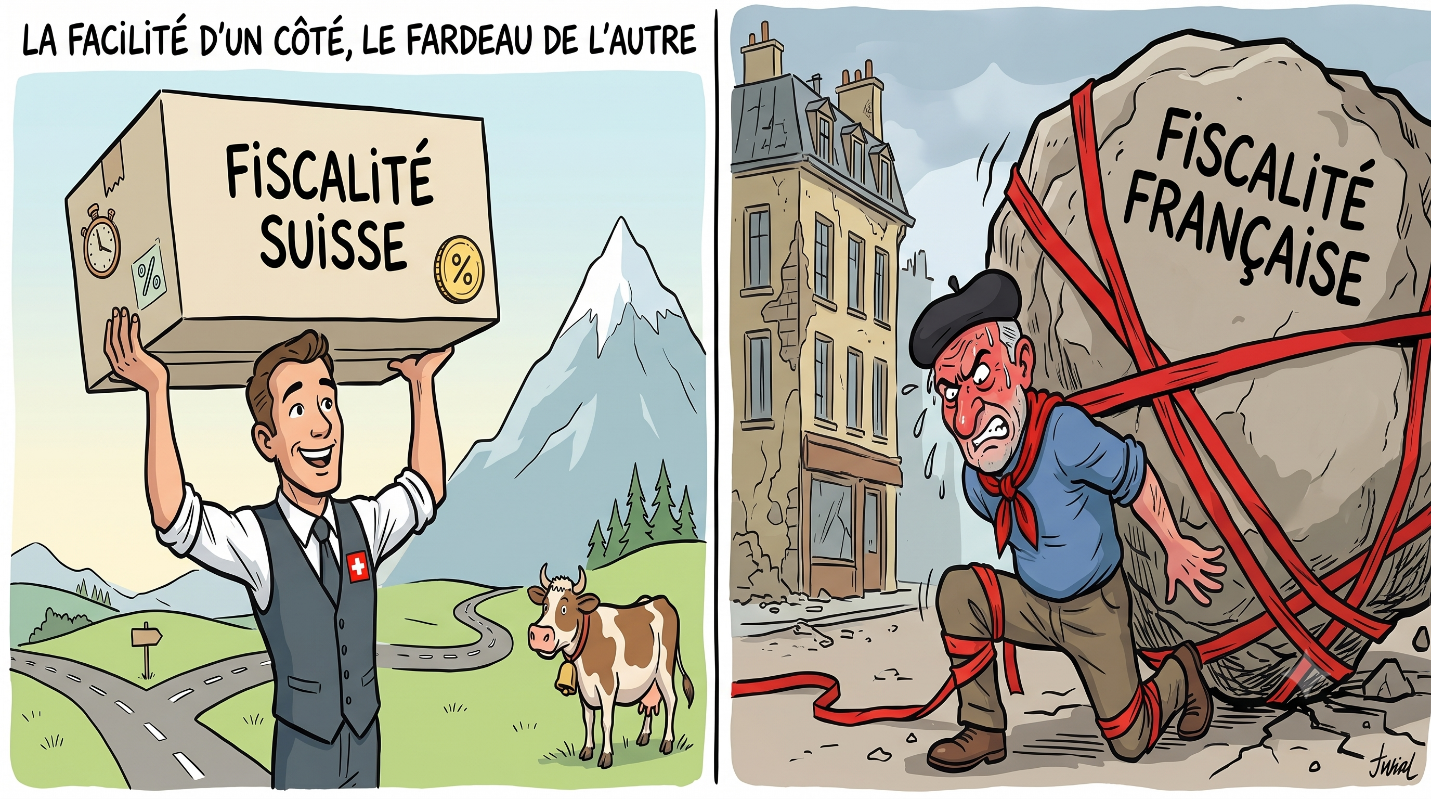Dessin humoristique en deux parties intitulé "La facilité d'un côté, le fardeau de l'autre". À gauche, un homme souriant soulève sans effort une légère boîte "Fiscalité Suisse" dans un paysage alpin paisible. À droite, un homme transpire à grosses gouttes, écrasé par le poids d'un énorme rocher "Fiscalité Française" qu'il tire dans une rue délabrée.