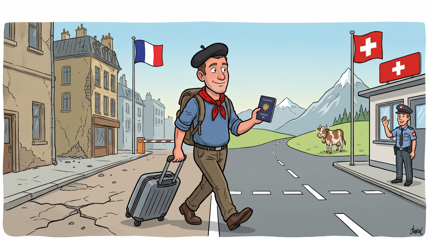 Texte alt :

Dessin humoristique d'un homme français avec un béret, une valise et un passeport à la main, traversant joyeusement la frontière. Il quitte une France aux bâtiments délabrés pour entrer en Suisse, représentée par un paysage de montagnes paisible, une vache et un douanier souriant qui l'accueille.