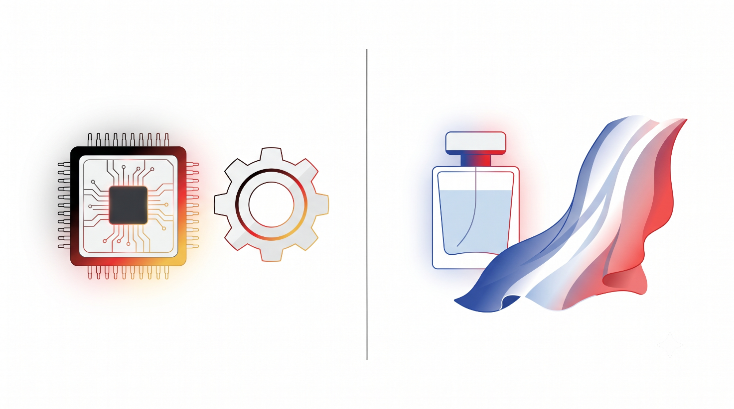 Illustration scindée en deux opposant les moteurs économiques : à gauche, une puce électronique et un engrenage aux teintes chaudes symbolisant l'industrie et la tech allemande (DAX) ; à droite, un flacon de parfum et un drapé bleu-blanc-rouge représentant le secteur du luxe français (CAC 40).