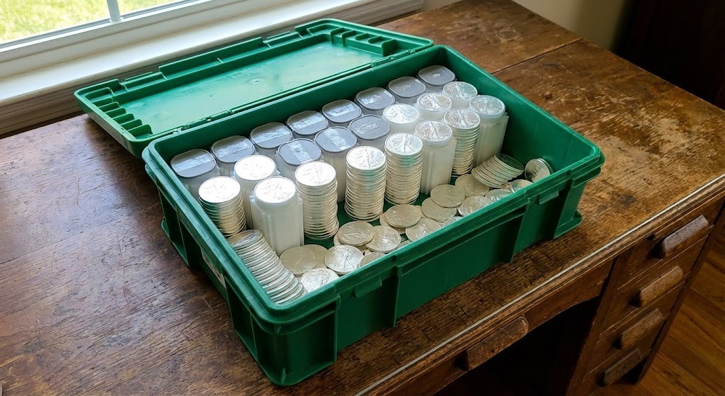 Une boîte verte en plastique ouverte sur un bureau en bois, remplie de nombreuses pièces d'argent et de tubes de rangement empilés.