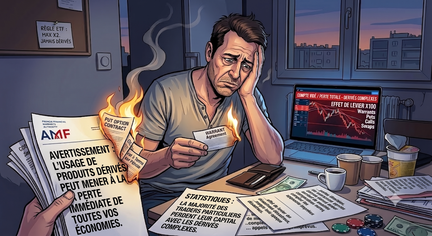 Illustration d'un homme accablé à son bureau, regardant son ordinateur qui affiche un graphique en chute libre et la mention « Compte vidé / Perte totale - Effet de levier x100 ». Au premier plan, des contrats financiers (warrants, options) et une mise en garde de l'AMF contre la ruine prennent feu. Le décor inclut un portefeuille vide, des jetons de casino et des statistiques sur les pertes des particuliers, symbolisant la destruction de capital par les produits dérivés.