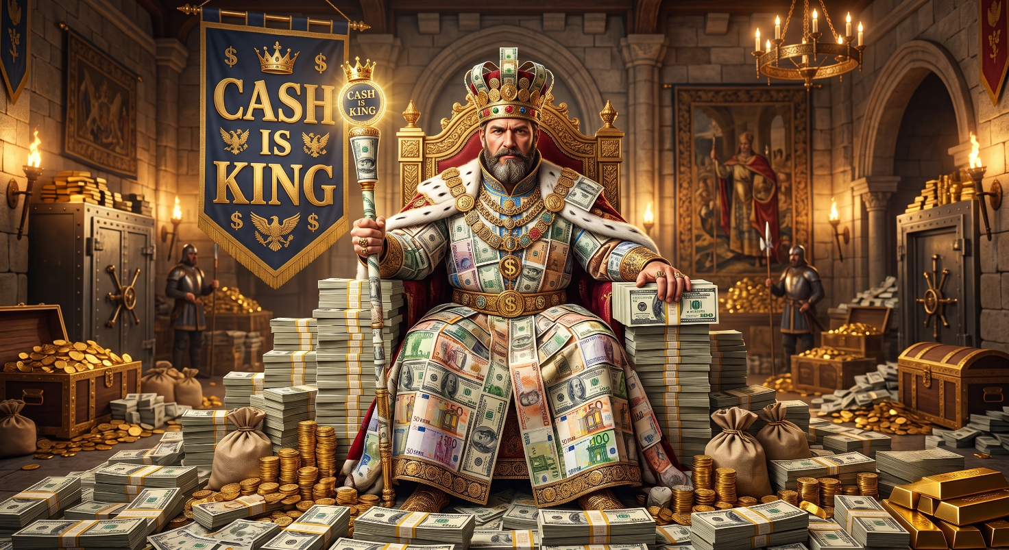 Un roi assis sur un trône, vêtu de billets de banque et tenant un sceptre "Cash is King", entouré de trésors illustrant l'importance d'une poche de cash.