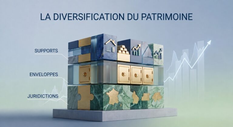 Illustration 3D détaillant la méthode en trois couches pour diversifier son patrimoine : la répartition par supports, par enveloppes et par juridictions.
