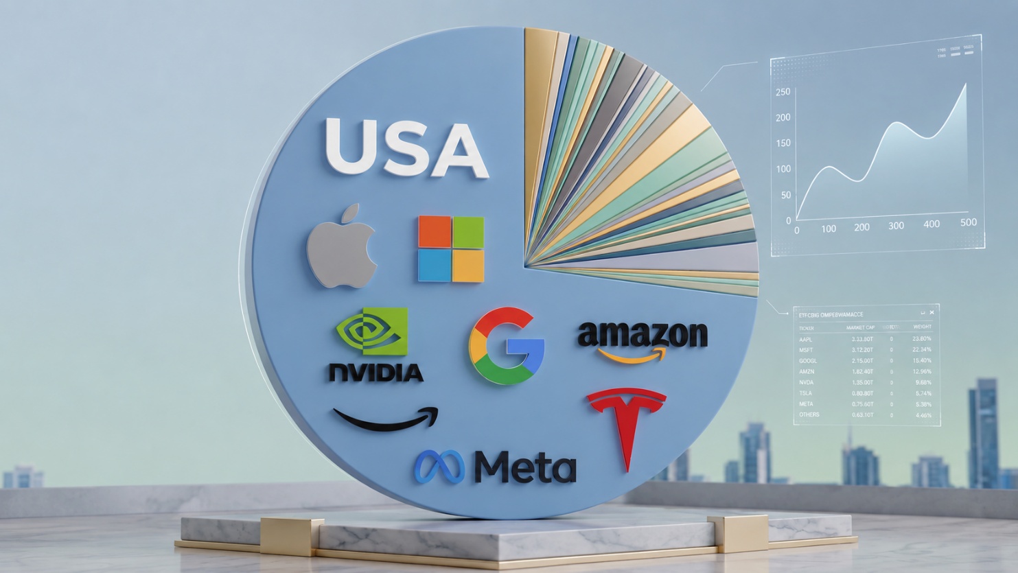 Graphique circulaire montrant la composition d'un ETF World, dominé par une part massive "USA" contenant les logos des grandes entreprises technologiques américaines (Apple, Microsoft, Nvidia, Google, Amazon, Meta, Tesla), le reste du monde étant réduit à de fines tranches.