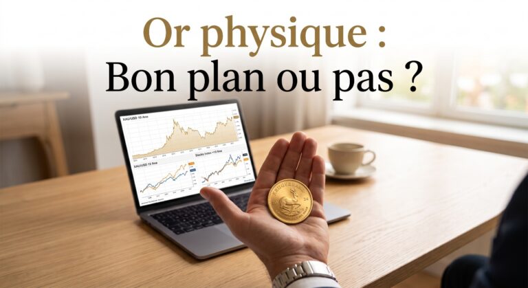 Main tenant une piece d'or physique Krugerrand devant des graphiques boursiers, avec le texte Or physique : Bon plan ou pas