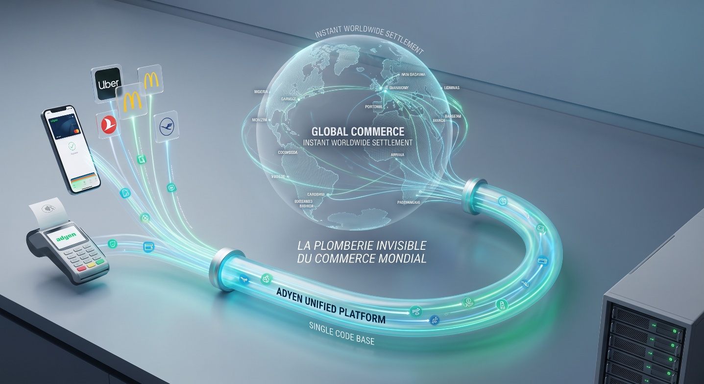 Schéma 3D de la plateforme unifiée Adyen : un conduit lumineux connecte des terminaux de paiement et les applications de grandes marques (Uber, McDonald's) à un globe terrestre en réseau, illustrant la "plomberie invisible du commerce mondial" avec sa base de code unique.