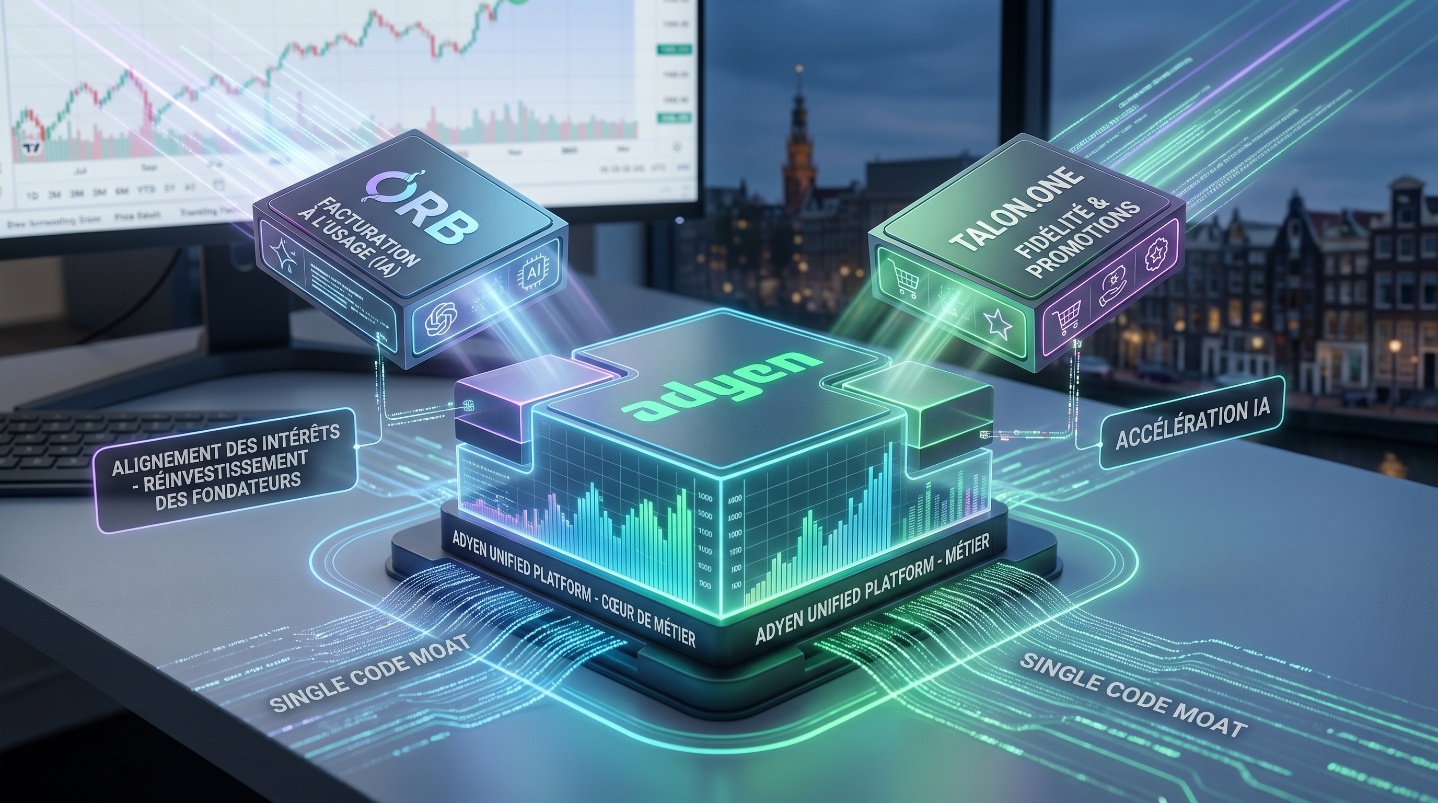 Schéma 3D illustrant la stratégie d'acquisition d'Adyen : un bloc central lumineux représentant la plateforme unifiée auquel s'intègrent deux nouvelles briques technologiques pour Orb (facturation liée à l'IA) et Talon.One (fidélité et promotions), avec des annotations soulignant le code unique, l'accélération IA et le réinvestissement des fondateurs.