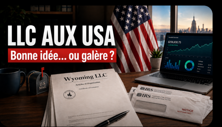Bureau avec un ordinateur affichant un portefeuille boursier, un drapeau américain, des documents de création d'une LLC au Wyoming et des courriers de l'IRS. Texte incrusté : LLC AUX USA - Bonne idée... ou galère ?